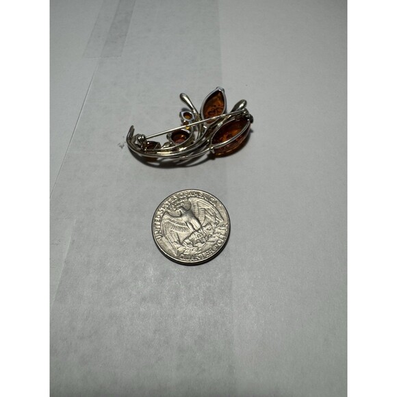 .925 Sterling Silver Baltic Amber Brooch Pin Vintage Flower, Not Marked, Tested. - Picture 2 of 4
